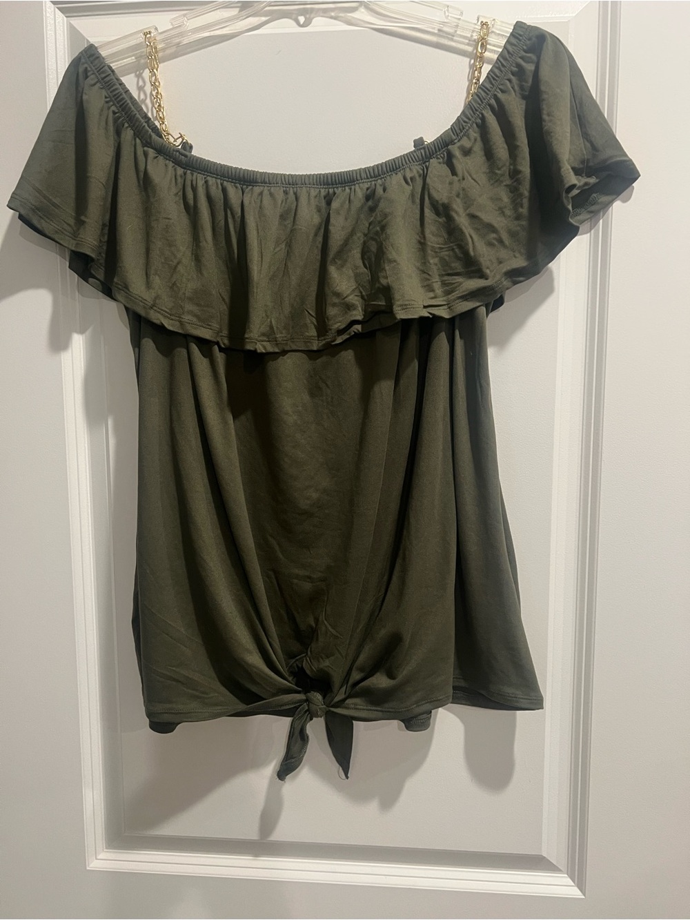 Fashion NY Olive Green Off-Shoulder Ruffle Tie-Front Top with Gold Chain Straps